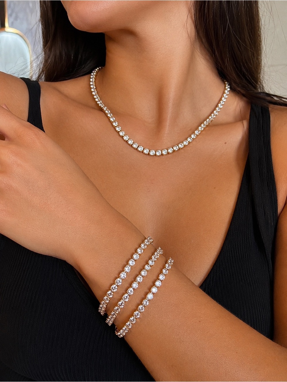 SUGARFIX Crystal Tennis Necklace + 3 Matching Rhinestone Bracelets Gold Tone Set